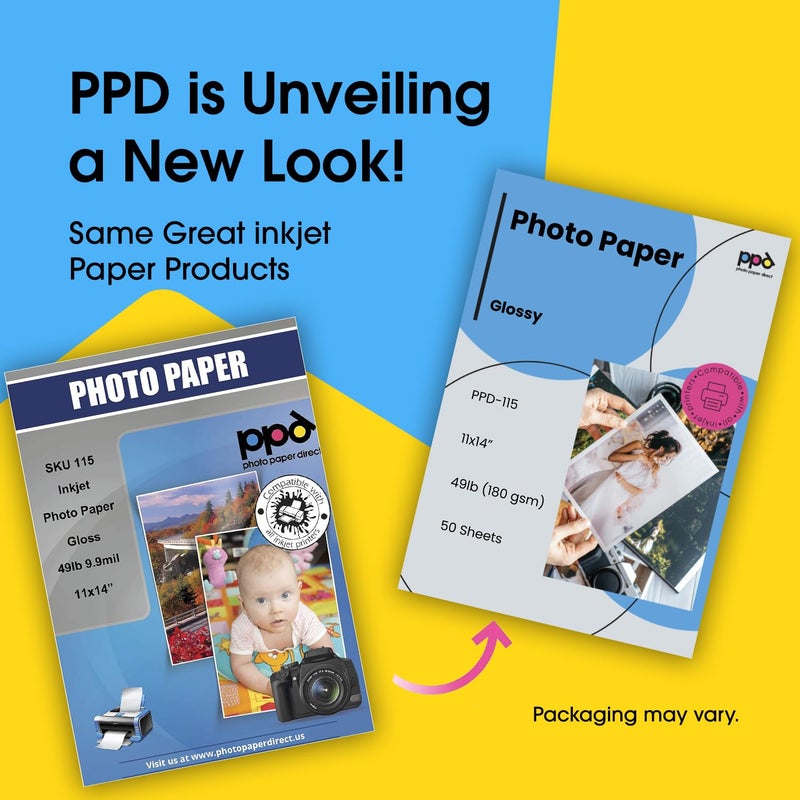 ppd ورق صور لامع PPD لطابعة نفث الحبر، 11 × 14 بوصة، أوراق قابلة للطباعة عالية الجودة للصور المخصصة، جافة فورية احترافية للطباعة باستخدام حبر عادي أو صبغي أو صبغي (50 عبوة/180 جرام)  - Image 2